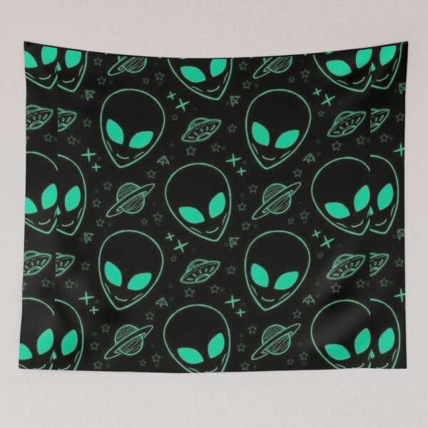Item preview, Neon Cyan Alien Heads Seamless Pattern – Glow UFO Space Sci-Fi Design designed and sold by frantuliuss.