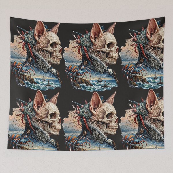 Item preview, Gothic Surrealist Skull Art - Lighthouse and Spider Sea Captain designed and sold by LujziWorld.