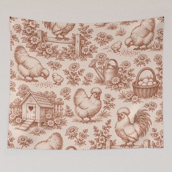 Item preview, Silkie Chicken Toile Seamless Pattern | Fluffy Chicken Farmhouse Toile de Jouy designed and sold by StickyGuys.