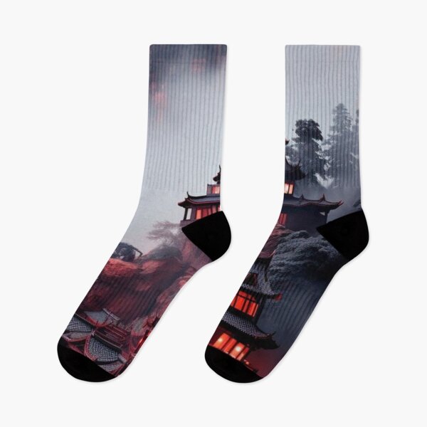 Item preview, Pagoda Temple Mist Foggy Mountain glowing lights Red Night designed and sold by LYAN-STORE.