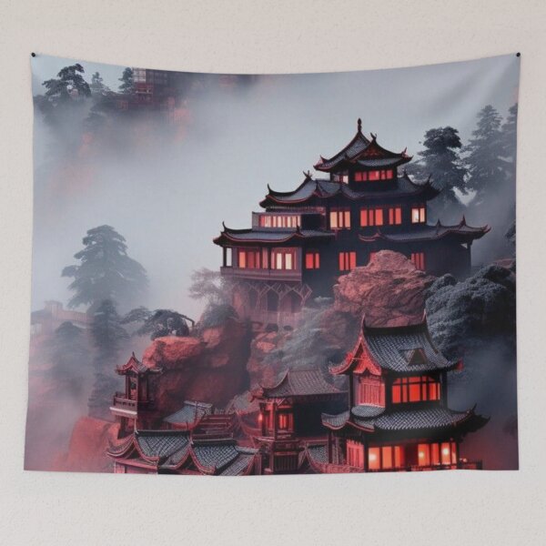Item preview, Pagoda Temple Mist Foggy Mountain glowing lights Red Night designed and sold by LYAN-STORE.