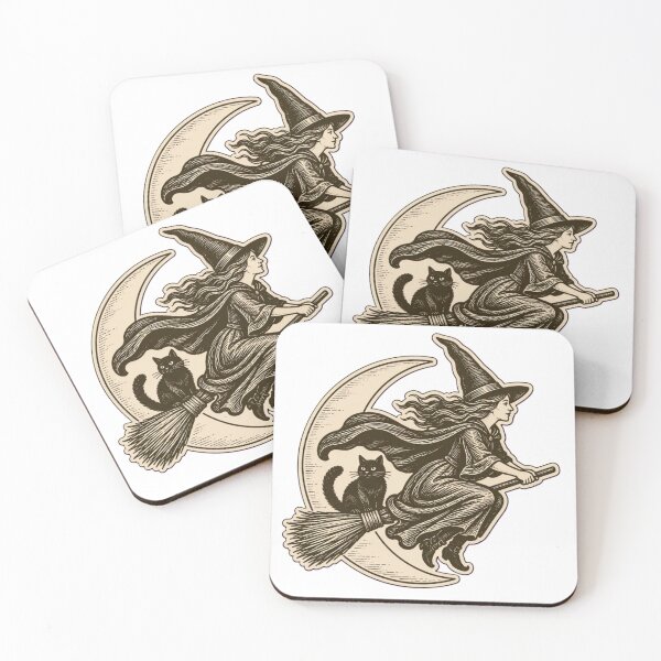 Item preview, Witch Woodcut Broomstick Sticker | Medieval Witch and Black Cat Die Cut designed and sold by StickyGuys.