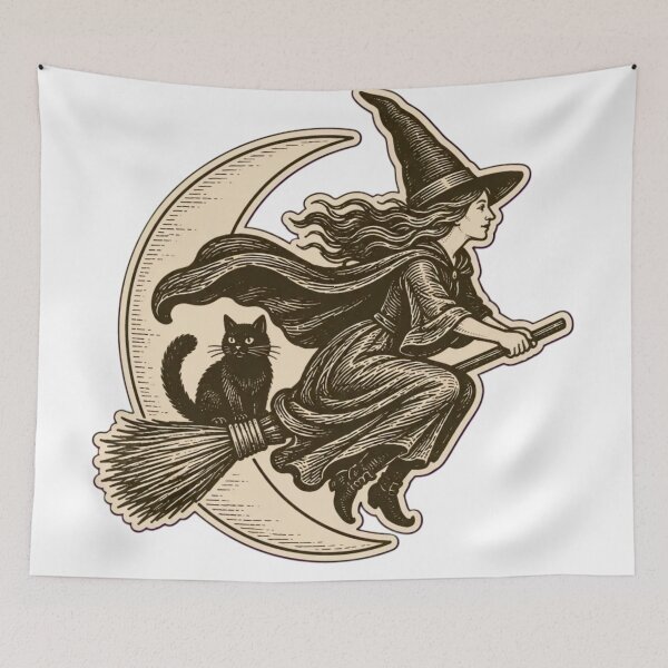 Item preview, Witch Woodcut Broomstick Sticker | Medieval Witch and Black Cat Die Cut designed and sold by StickyGuys.