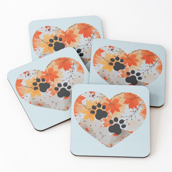 Item preview, Autumn leaves heart and 2 paw prints (sky blue) designed and sold by Doodles Down South.
