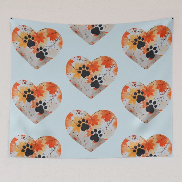 Item preview, Autumn leaves heart and 2 paw prints (sky blue) designed and sold by Doodles Down South.