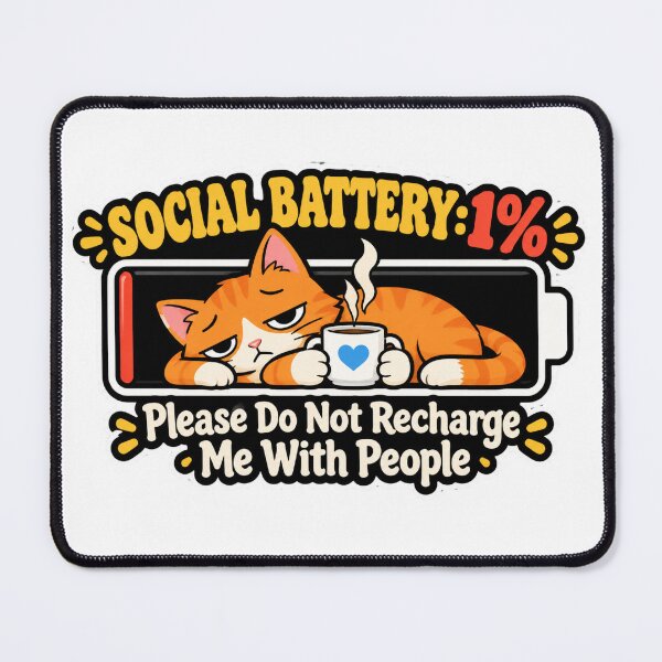Item preview, Social Battery 1% - Funny Introvert Orange Cat With Coffee designed and sold by Cozy Introvert Club.