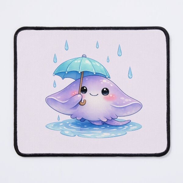 Item preview, Cute Stingray Holding Blue Umbrella in Rain - Kawaii Ocean designed and sold by DariaCraft.