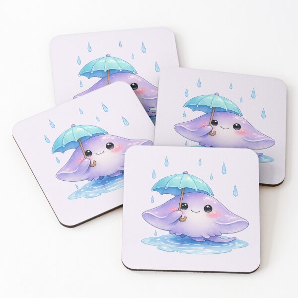 Item preview, Cute Stingray Holding Blue Umbrella in Rain - Kawaii Ocean designed and sold by DariaCraft.