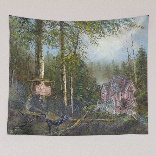 Item preview, Coraline's Pink Palace Apartments - Black Cat Art Print designed and sold by DarceyFloArt.