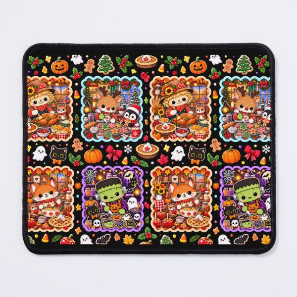Item preview, Kawaii Holiday Baking Pattern – Cute Fall, Halloween & Christmas Animals, Seasonal Kitchen Patchwork Design designed and sold by ALH Apparel.