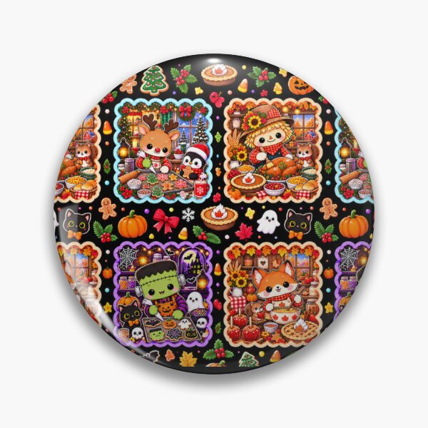 Item preview, Kawaii Holiday Baking Pattern – Cute Fall, Halloween & Christmas Animals, Seasonal Kitchen Patchwork Design designed and sold by ALH Apparel.