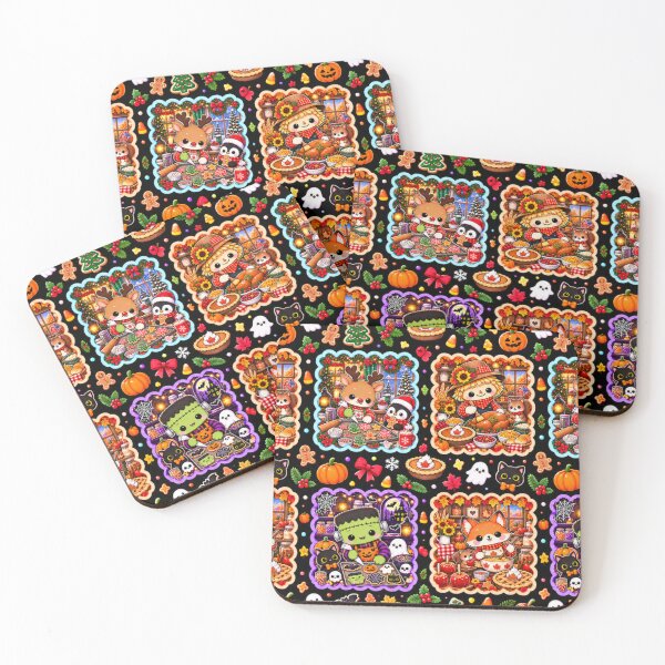 Item preview, Kawaii Holiday Baking Pattern – Cute Fall, Halloween & Christmas Animals, Seasonal Kitchen Patchwork Design designed and sold by ALH Apparel.