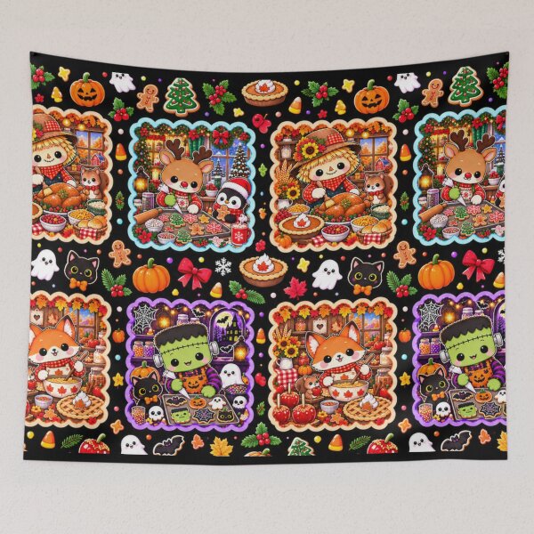 Item preview, Kawaii Holiday Baking Pattern – Cute Fall, Halloween & Christmas Animals, Seasonal Kitchen Patchwork Design designed and sold by ALH Apparel.