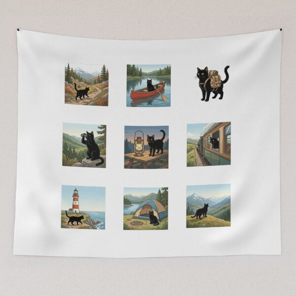 Item preview, Outdoor Adventure Black Cat Hiking Camping Nature Art    designed and sold by mood-draftsman.