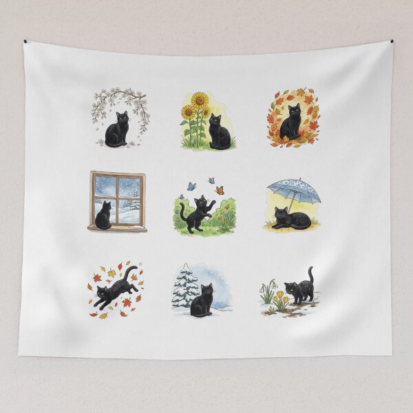 Item preview, Four Seasons Black Cat Nature Watercolor Art    designed and sold by mood-draftsman.