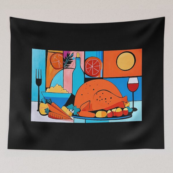 Item preview, Thanksgiving Dinner with Roasted Turkey, Vegetables and Wine in a Colorful Geometric Celebration designed and sold by OlfactoART Studio.