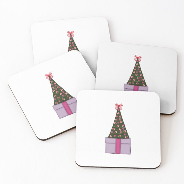 Item preview, cute illustration of a decorated Christmas tree and pink present, white background with stars, Christmas edition designed and sold by artblonska.