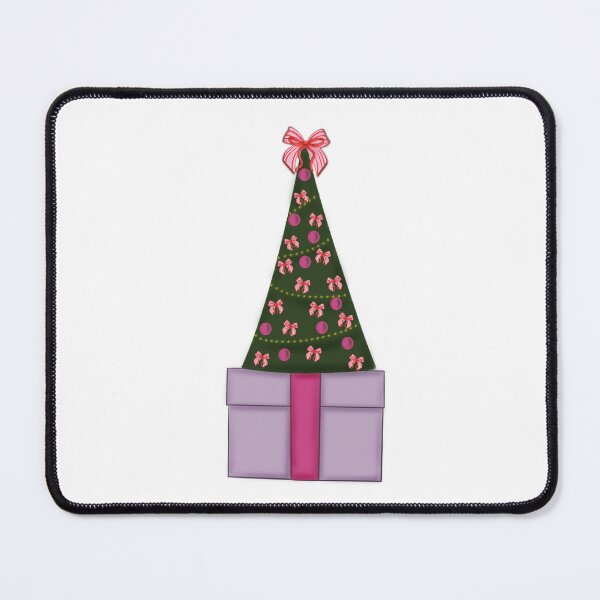Item preview, cute illustration of a decorated Christmas tree and pink present, white background with stars, Christmas edition designed and sold by artblonska.