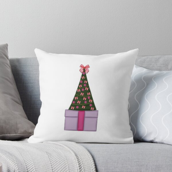 Item preview, cute illustration of a decorated Christmas tree and pink present, white background with stars, Christmas edition designed and sold by artblonska.