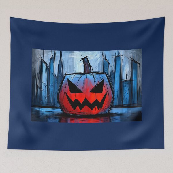 Item preview, Glowing Jack O Lantern Halloween Night Over a Stylized Cityscape with Dark Colors Sinister Energy designed and sold by OlfactoART Studio.
