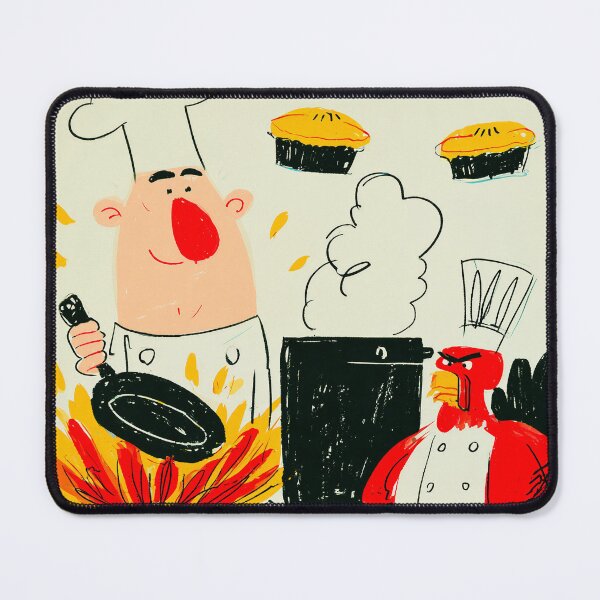 Item preview, Thanksgiving Chef Cooking with a Mad Turkey and Floating Pies in a Playful Holiday Kitchen designed and sold by OlfactoART Studio.