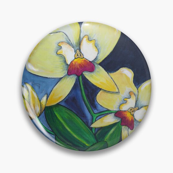 Item preview, Painted Yellow Orchid Flowers Botanical Floral On Blue Art designed and sold by Sharon Cummings Art.