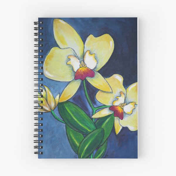 Item preview, Painted Yellow Orchid Flowers Botanical Floral On Blue Art designed and sold by Sharon Cummings Art.
