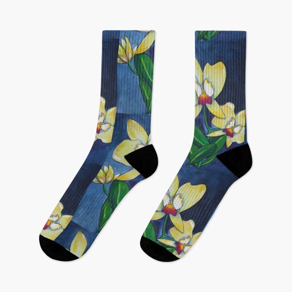 Item preview, Painted Yellow Orchid Flowers Botanical Floral On Blue Art designed and sold by Sharon Cummings Art.