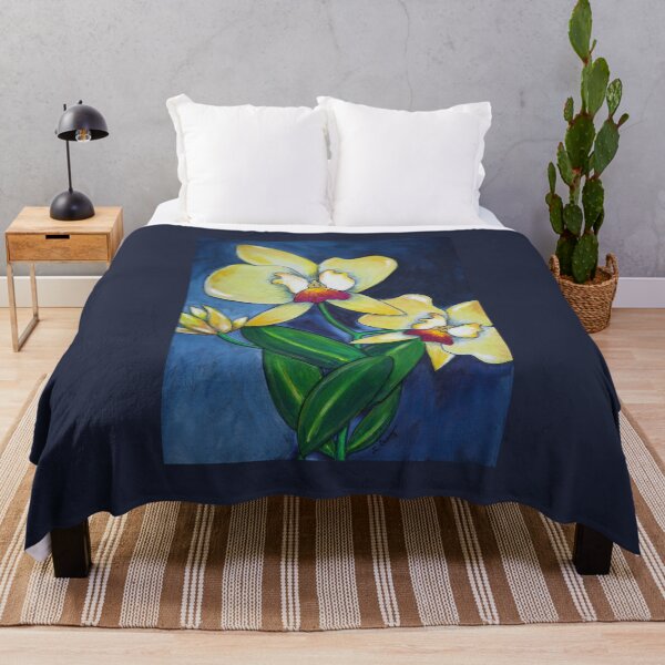Item preview, Painted Yellow Orchid Flowers Botanical Floral On Blue Art designed and sold by Sharon Cummings Art.