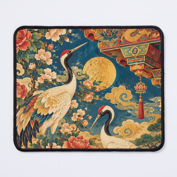 Item preview, Red Crowned Cranes and Peonies Asian Folk Art designed and sold by Gold Turtle Lina.