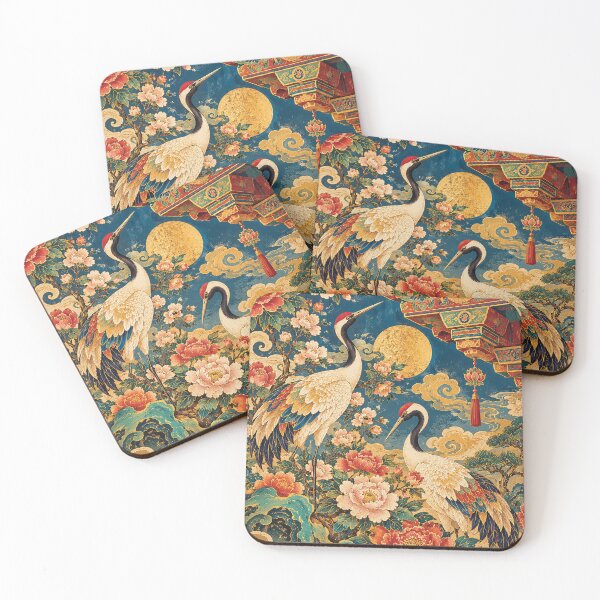Item preview, Red Crowned Cranes and Peonies Asian Folk Art designed and sold by Gold Turtle  Lina.