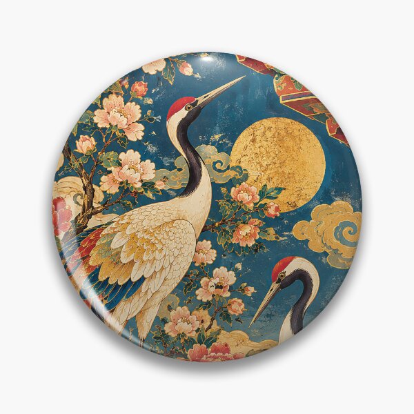 Item preview, Red Crowned Cranes and Peonies Asian Folk Art designed and sold by Gold Turtle  Lina.