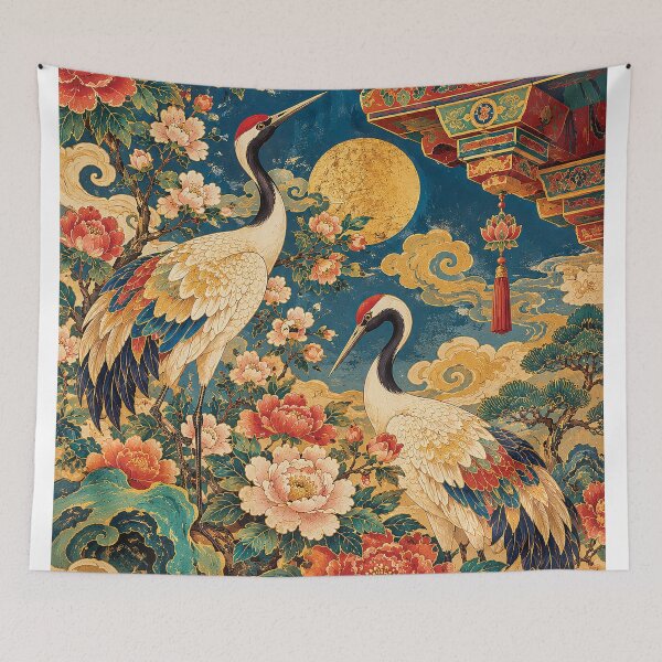 Item preview, Red Crowned Cranes and Peonies Asian Folk Art designed and sold by Gold Turtle  Lina.