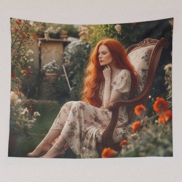 Item preview, Elegant Redhead Lady in Summer Flower Garden Oil Painting Art designed and sold by UmSkelig834.
