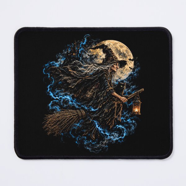 Item preview, Gothic Witch Flying Through the Night – Black Cat, Full Moon and Haunted Castle designed and sold by SOUFIANE1991.