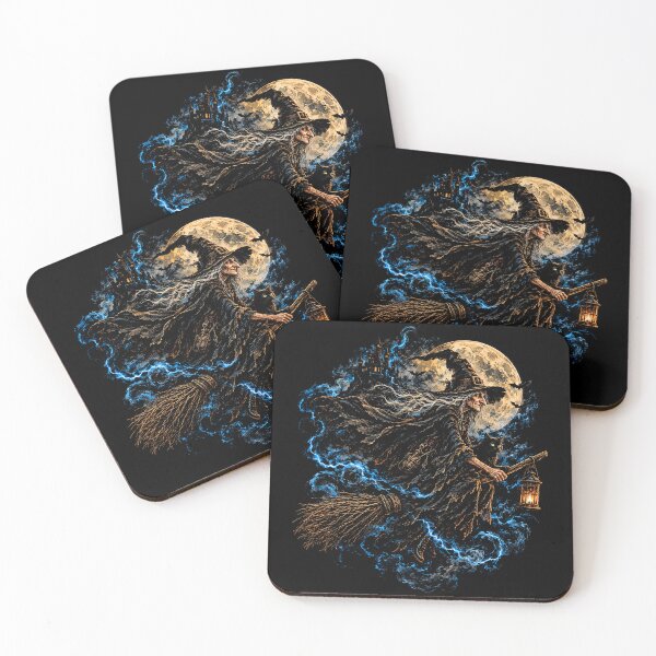 Item preview, Gothic Witch Flying Through the Night – Black Cat, Full Moon and Haunted Castle designed and sold by SOUFIANE1991.