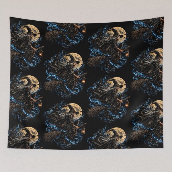 Item preview, Gothic Witch Flying Through the Night – Black Cat, Full Moon and Haunted Castle designed and sold by SOUFIANE1991.