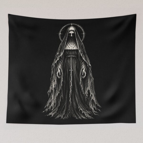 Item preview, The Black Nun Dark Horror Scratchboard Art designed and sold by Ashen Threads Studio.