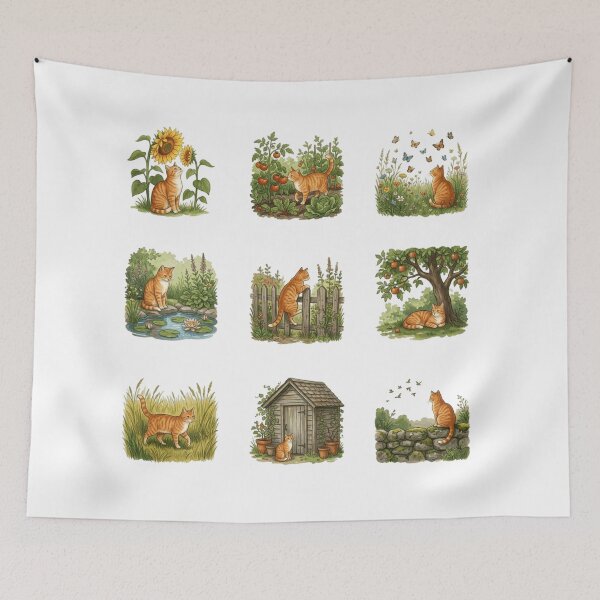 Item preview, Cottage Garden Orange Tabby Cat Botanical Nature Art    designed and sold by mood-draftsman.