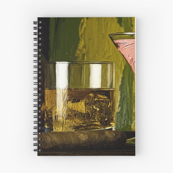 Artikelvorschau, Luxuriöse Zigarrenlounge mit rauchender Zigarre, Whiskyglas und elegantem rosa Cocktail zur Entspannung entworfen und verkauft von OlfactoART Studio.