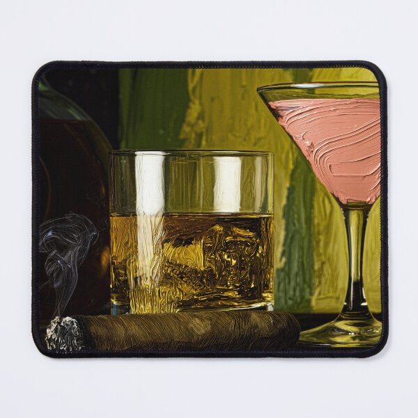 Item preview, Luxury Cigar Lounge with Smoldering Cigar, Whisky Glass and Elegant Pink Cocktail for Relaxation designed and sold by OlfactoART Studio.