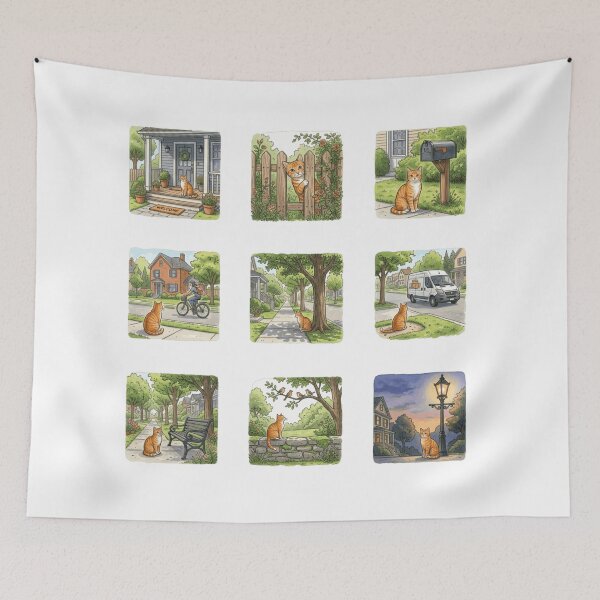 Item preview, Suburban Neighborhood Orange Tabby Cat Street Scene Art designed and sold by mood-draftsman.