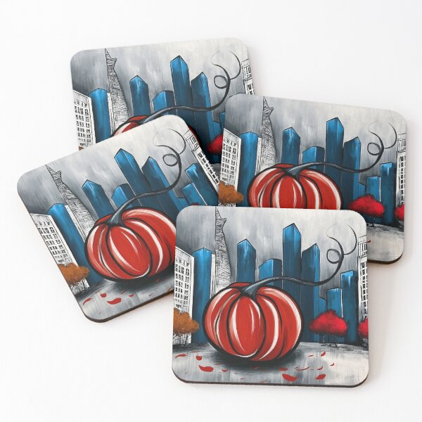 Item preview, Giant Red Pumpkin in a Vibrant Cityscape with Blue Skyscrapers and Colorful Autumn Trees designed and sold by OlfactoART Studio.