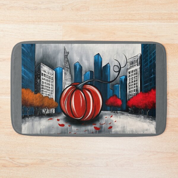 Item preview, Giant Red Pumpkin in a Vibrant Cityscape with Blue Skyscrapers and Colorful Autumn Trees designed and sold by OlfactoART Studio.