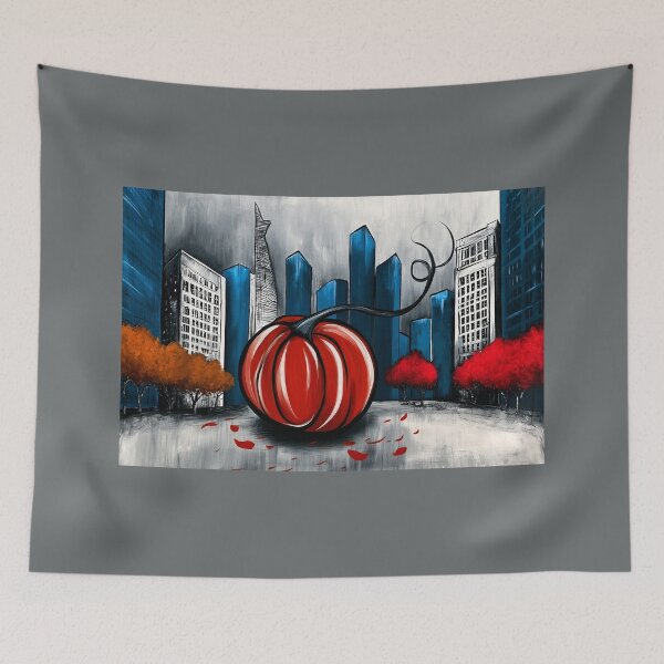 Item preview, Giant Red Pumpkin in a Vibrant Cityscape with Blue Skyscrapers and Colorful Autumn Trees designed and sold by OlfactoART Studio.