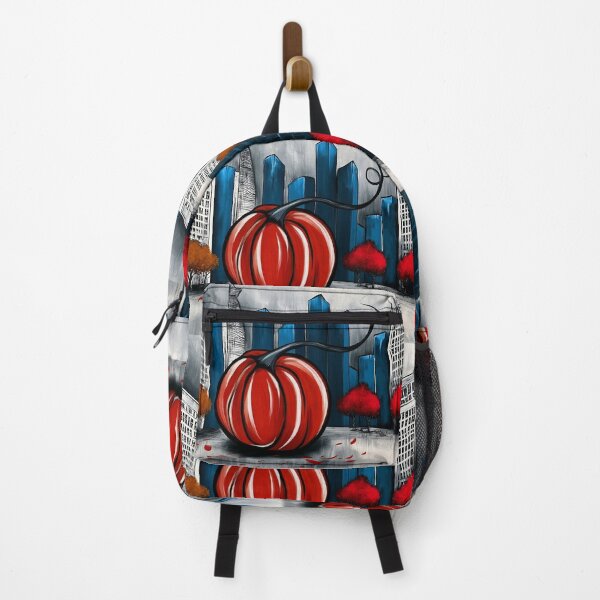 Item preview, Giant Red Pumpkin in a Vibrant Cityscape with Blue Skyscrapers and Colorful Autumn Trees designed and sold by OlfactoART Studio.