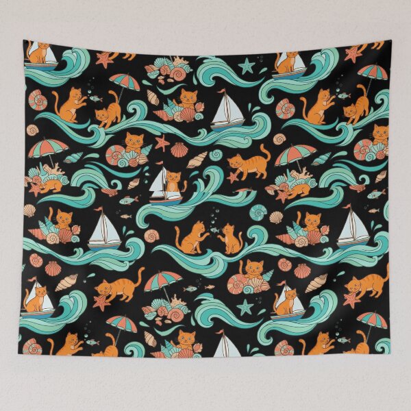Item preview, Coastal Orange Tabby Cat Beach Summer Nautical Pattern Art designed and sold by mood-draftsman.