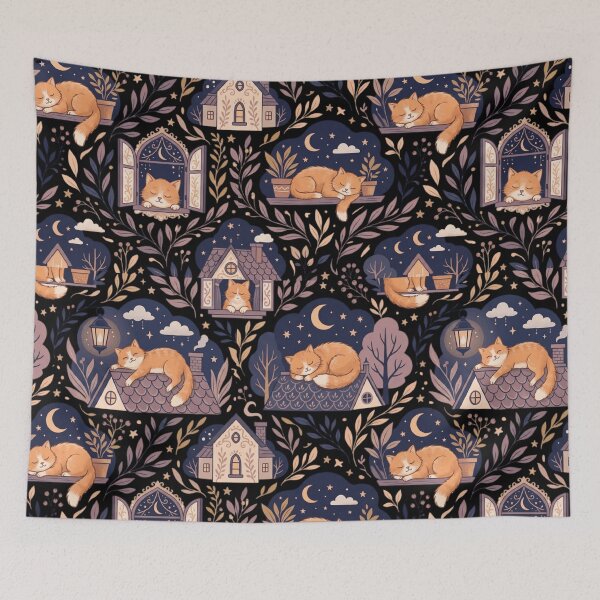 Item preview, Sleepy Orange Tabby Cat Midnight Moonlit Rooftop Pattern Art designed and sold by mood-draftsman.