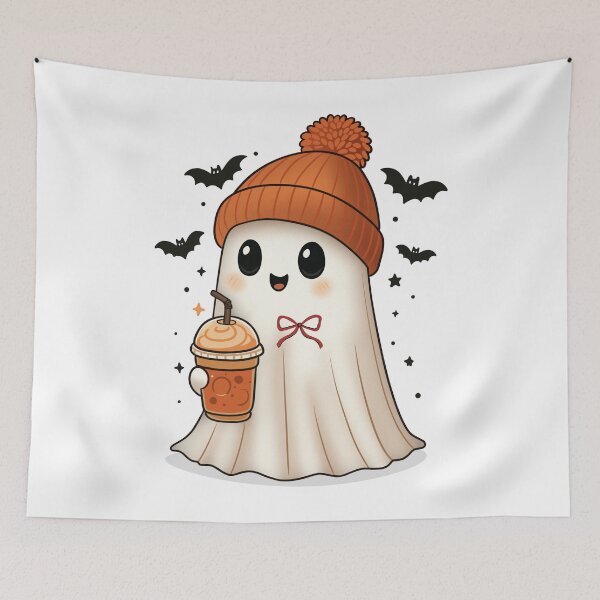 Item preview, Cozy Ghost Pumpkin Spice Latte Fall Beanie designed and sold by Neworld24.
