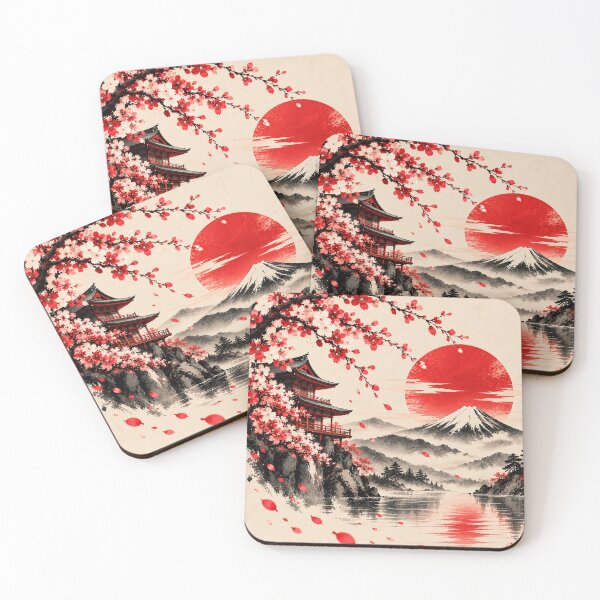 Item preview, Japanese Pagoda & Mount Fuji – Sakura Red Sun designed and sold by Vantu Design.